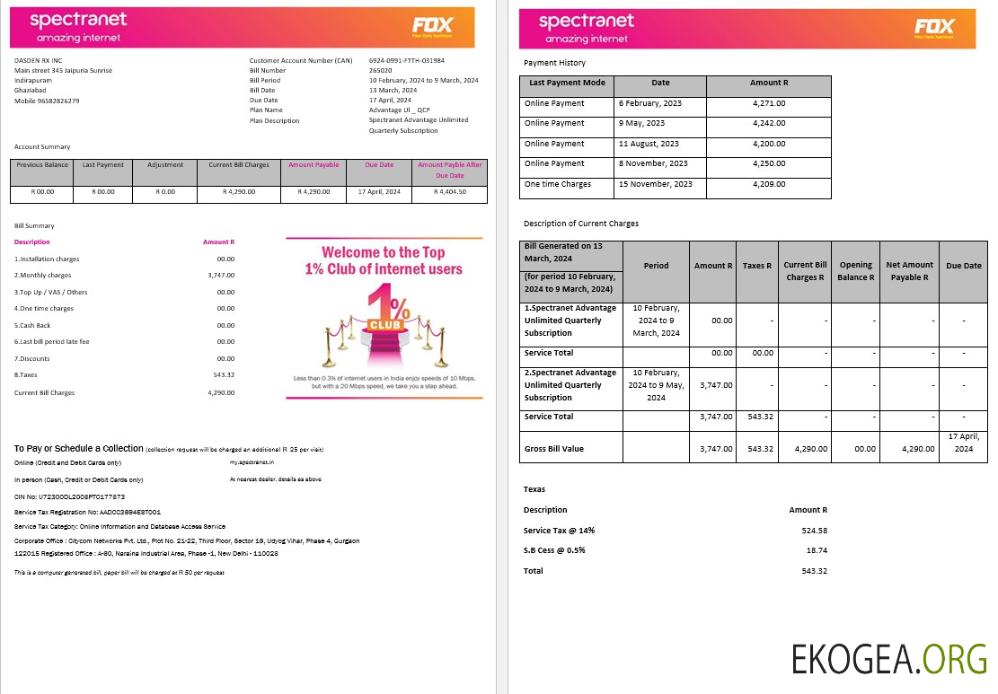 Nigéria Spectranet incroyable facture de services publics Internet pour les entreprises Formats Word et PDF 1 2 pages